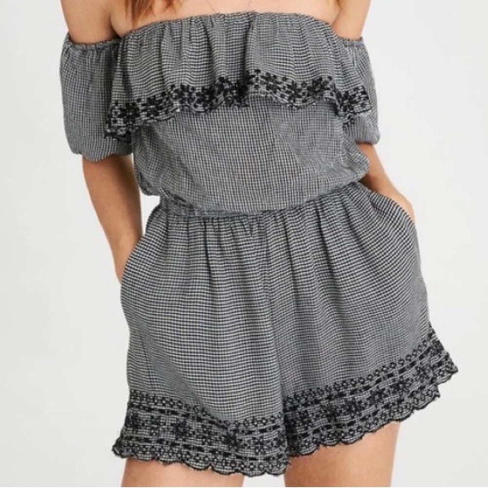 American Eagle Gingham Puff Sleeve Romper